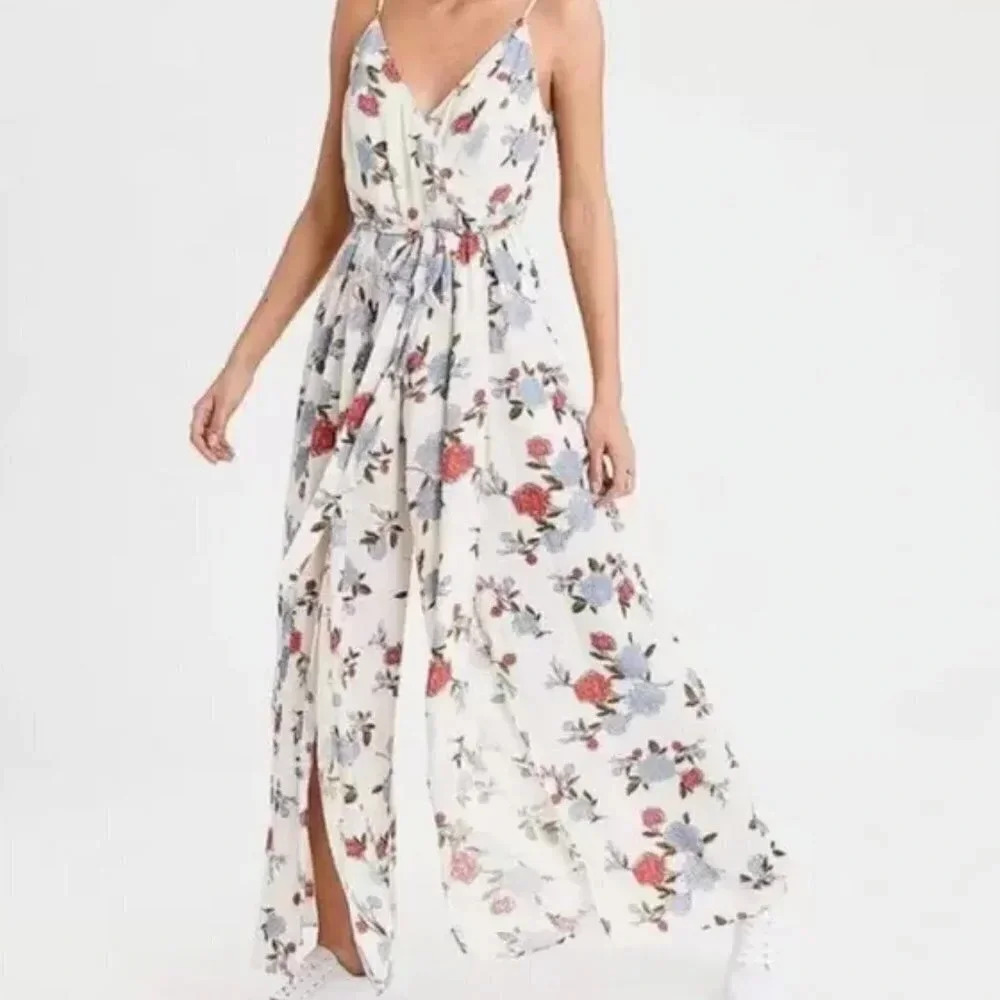 American Eagle White Floral Wrap Front Wide Leg Jumpsuit